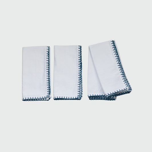 Solid Napkin with Blue Hem Stitch, Set of 4